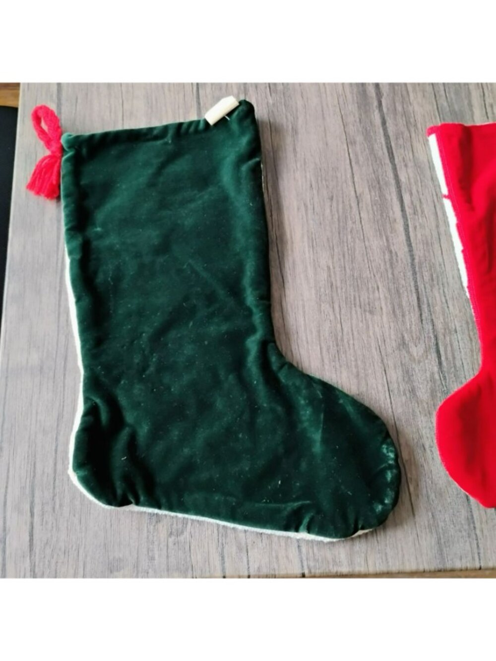 Vintage Handmade Needlepoint Christmas Stockings Set Of 2 Santa & Bear Trimming - Picture 8 of 11
